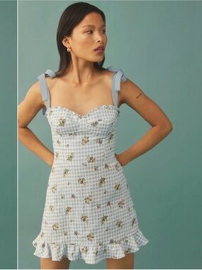 Reformation Blue Gingham Floral Tie-Shoulder Mini Dress